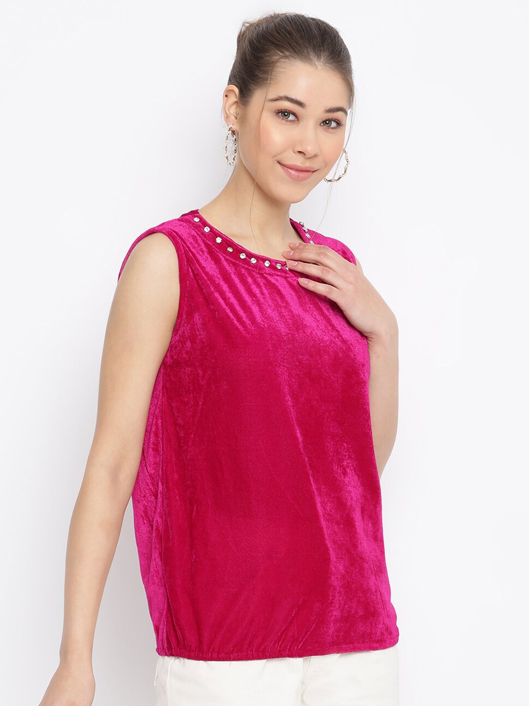 

Mayra Sleeveless Embellished Velvet Top, Fuchsia