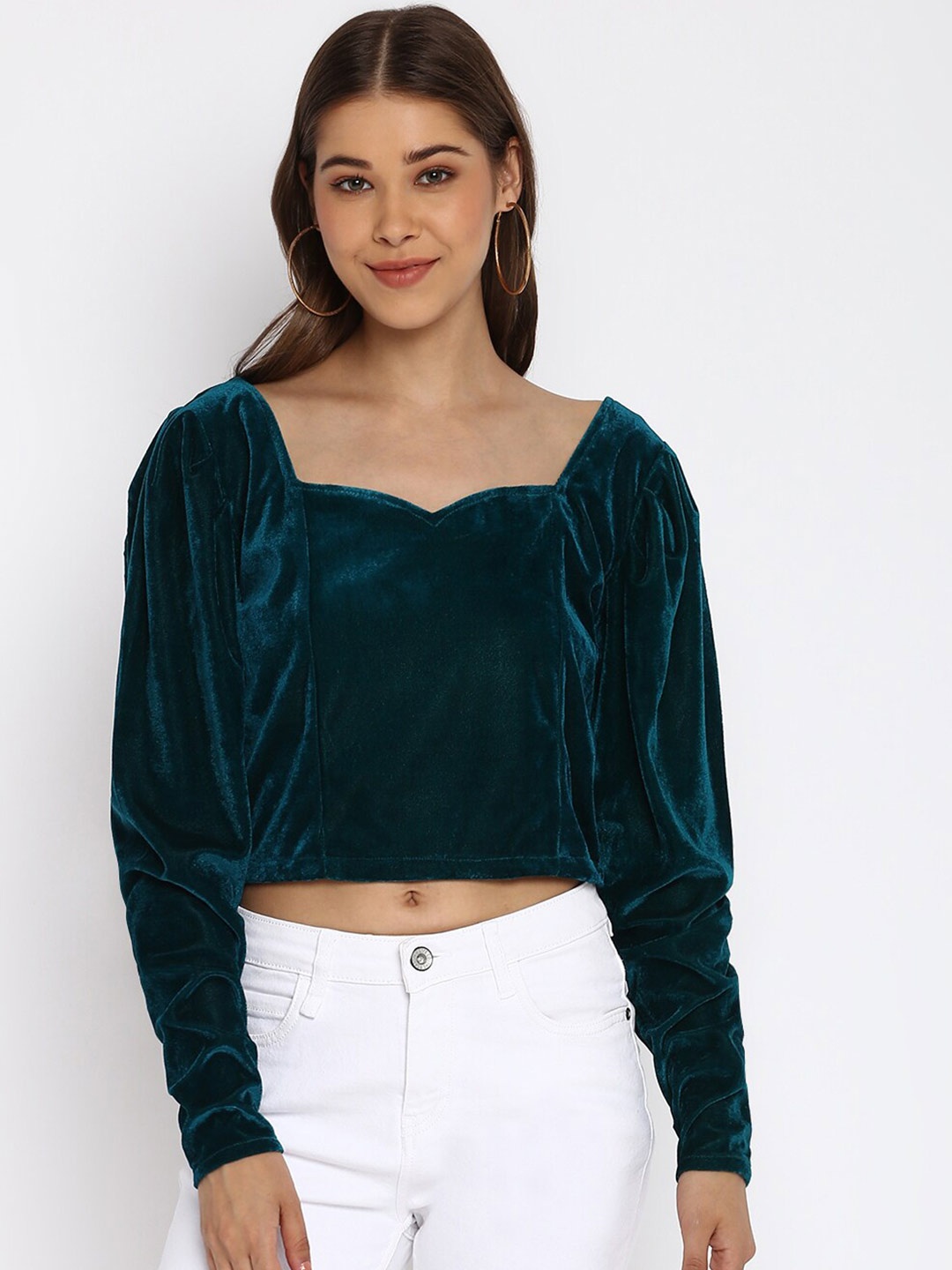 

Mayra Sweetheart Neck Puff Sleeves Velvet Crop Top, Green