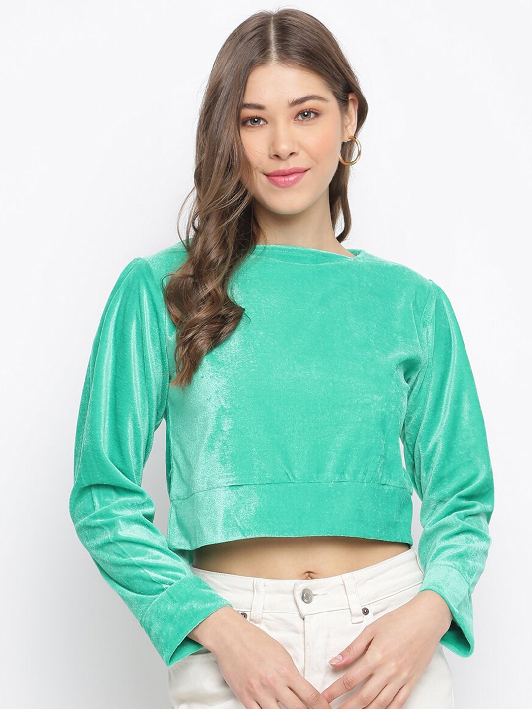 

Mayra Boat Neck Velvet Crop Top, Green