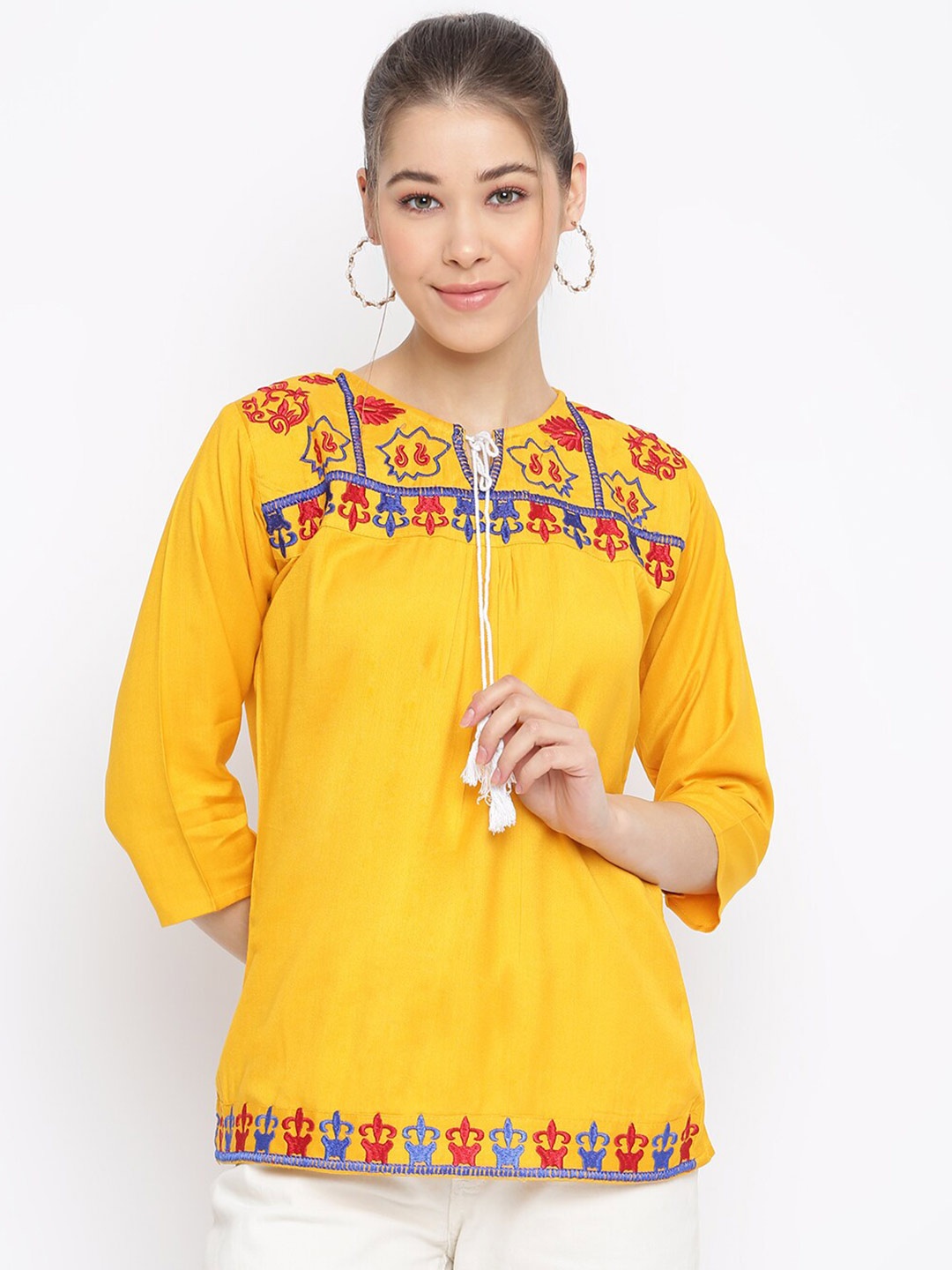 

Mayra Tie-Up Neck Ethnic Motifs Emroidered Pure Cotton Top, Yellow