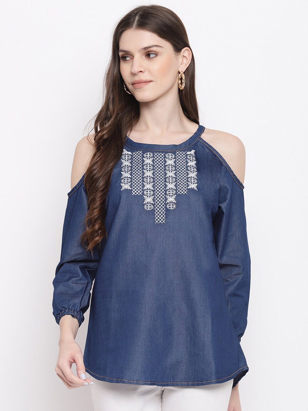 

Mayra Embroidered Cold-Shoulder Top, Blue