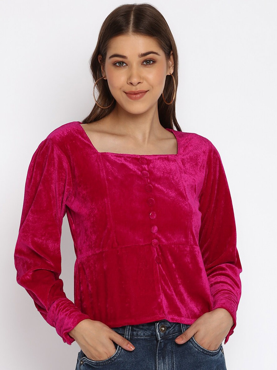 

Mayra Square Neck Cuffed Sleeves Peplum Crop Velvet Top, Fuchsia