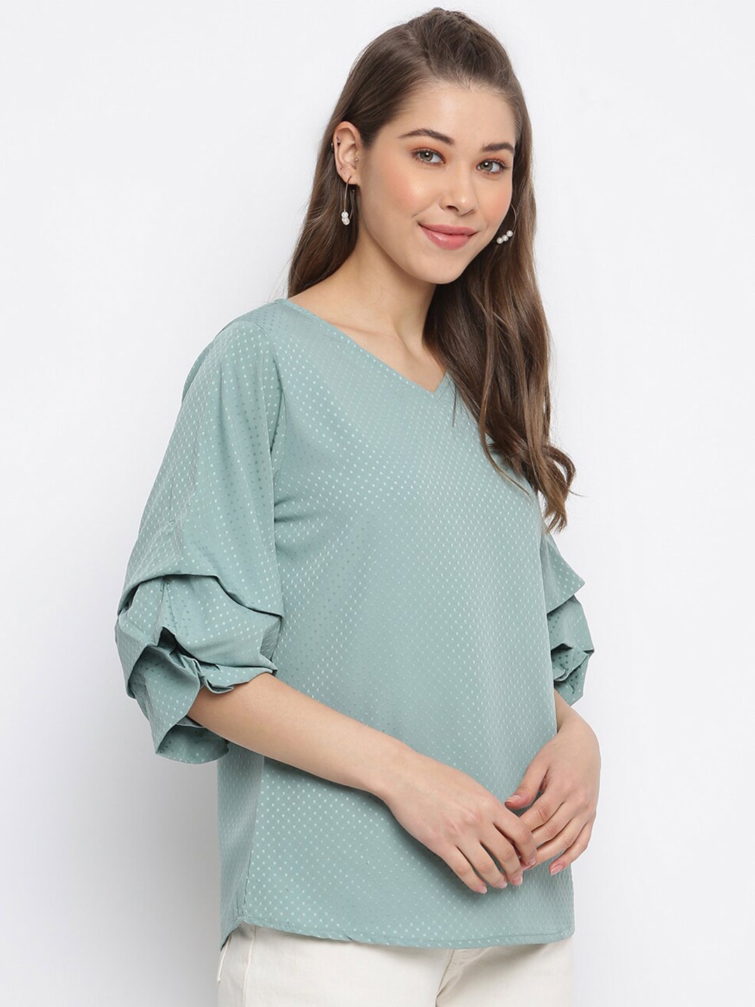 

Mayra Woven design Bell Sleeves Crepe Regular Top, Green