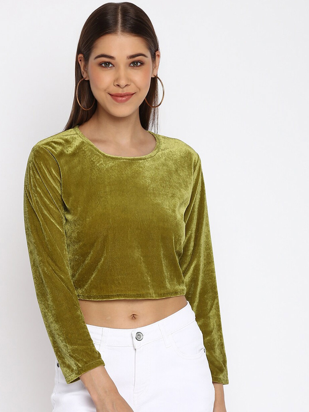 

Mayra Round Neck Smocked Velvet Crop Top, Olive