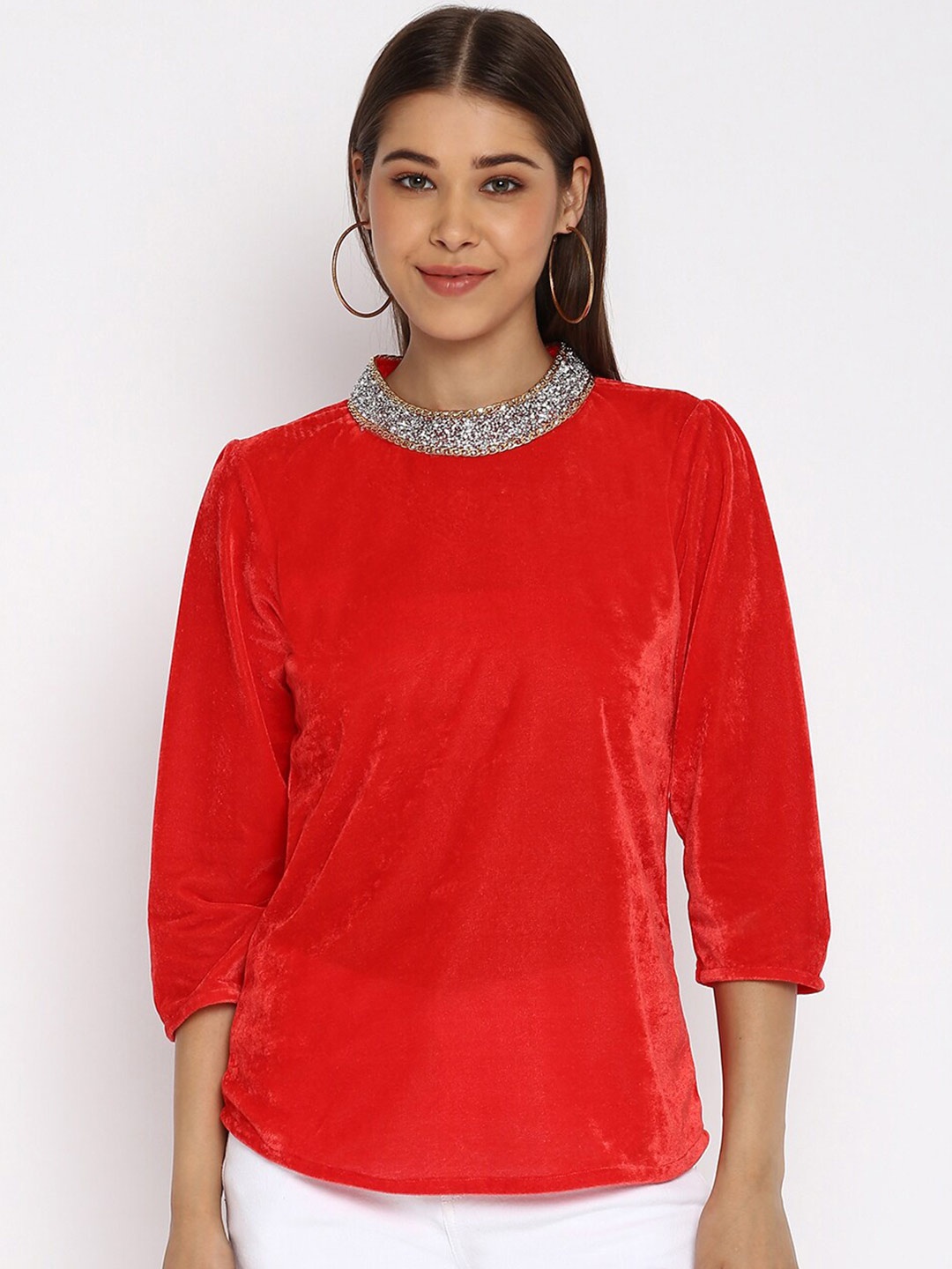 

Mayra Jewel Neck Long Sleeves Velvet Top, Red