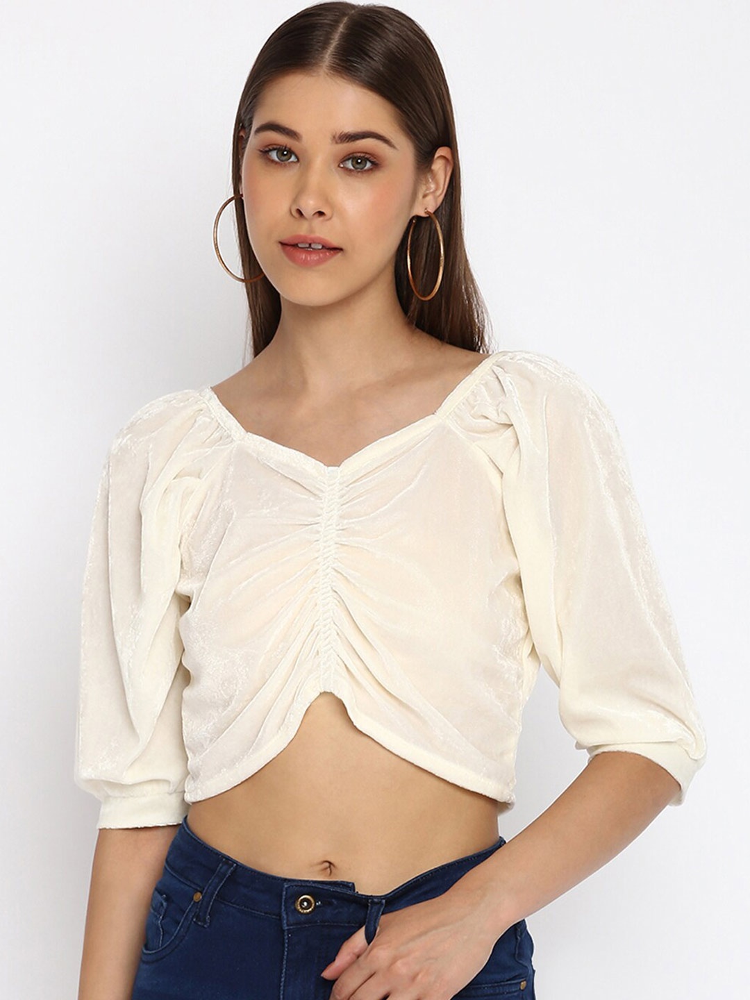 

Mayra Sweet Heart Neck Ruched Velvet Crop Top, White