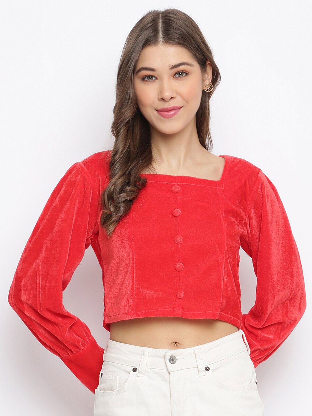 

Mayra Square Neck Velvet Crop Top, Red