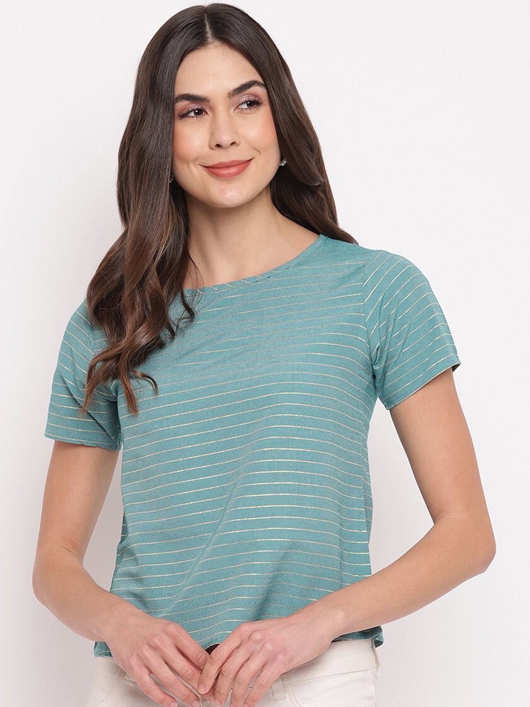 

Mayra Striped Round Neck Regular Top, Sea green