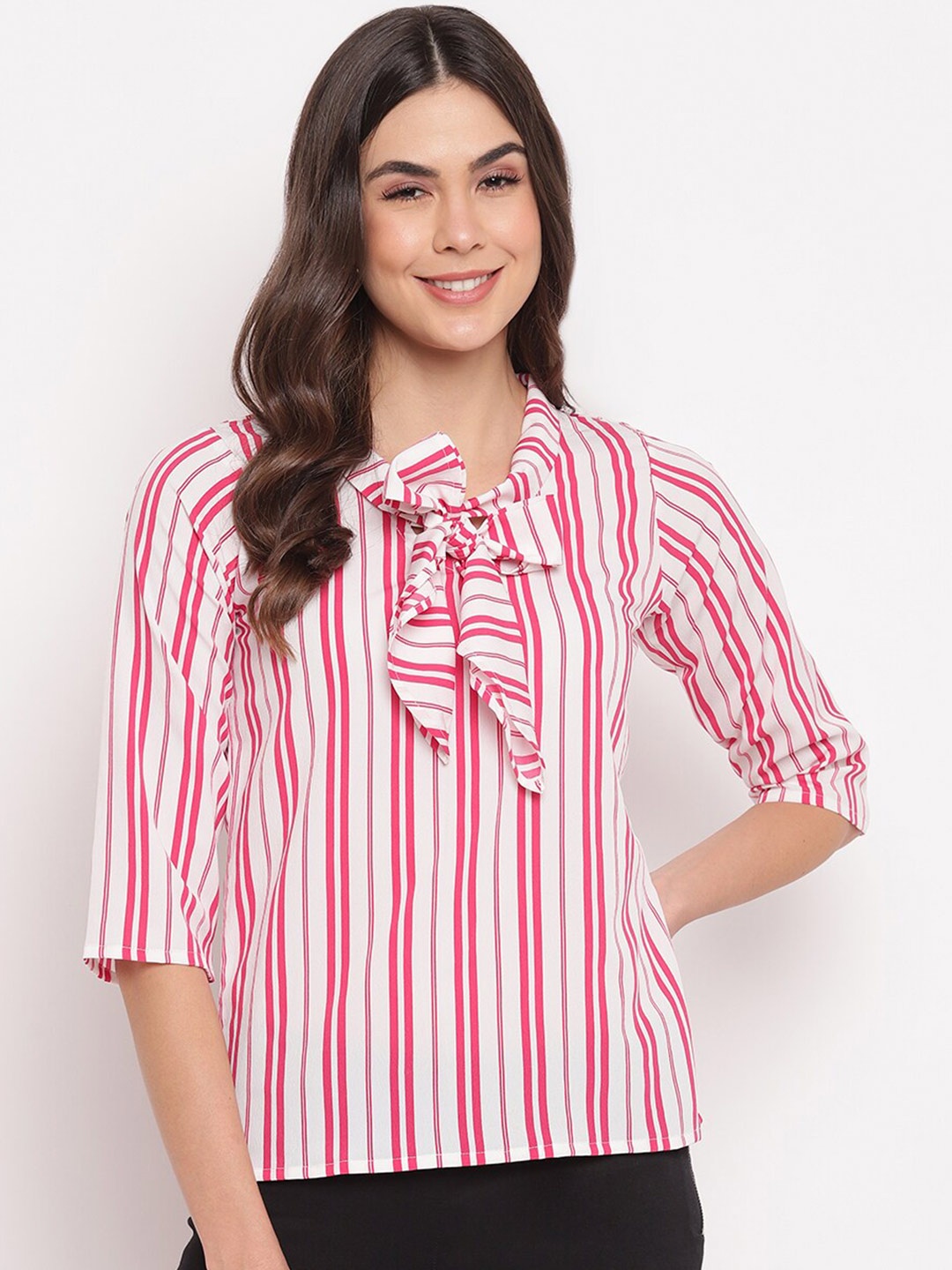 

Mayra Vertical Striped Tie-Up Neck Top, White