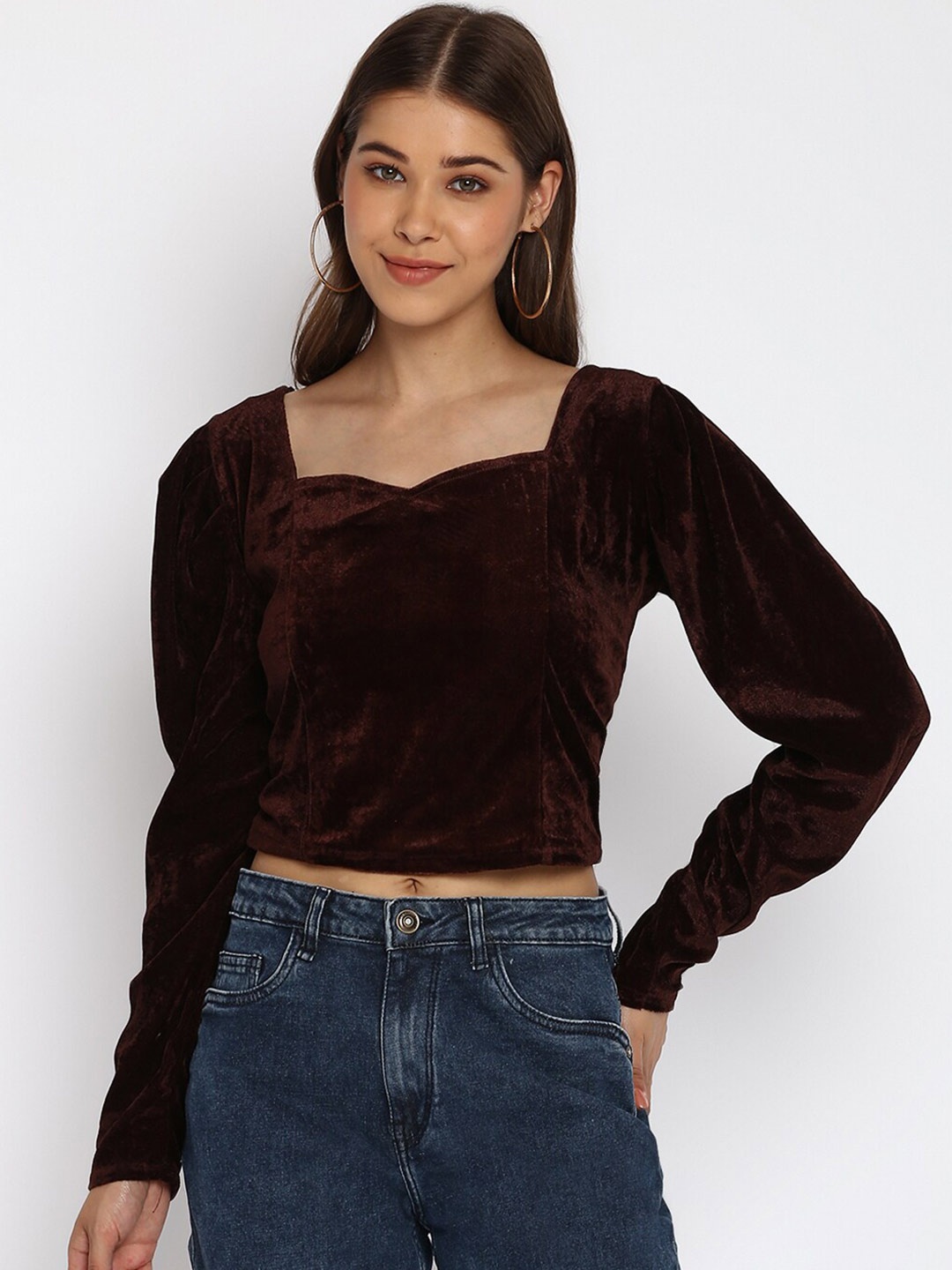 

Mayra Puff Sleeves Velvet Blouson Crop Top, Brown