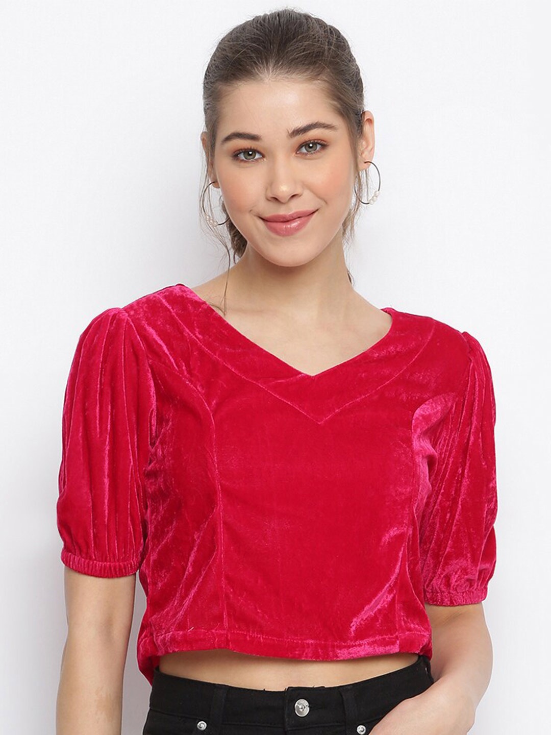 

Mayra Velvet Puff Sleeves Crop Top, Red