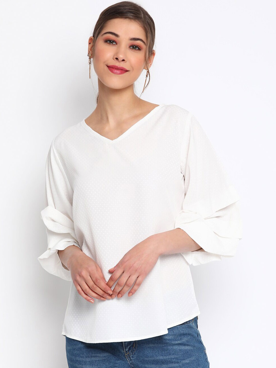 

Mayra V-Neck Flared Sleeves Crepe Top, White