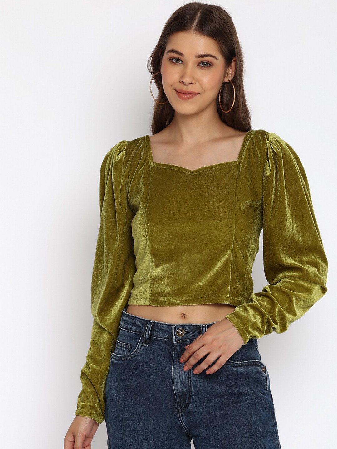 

Mayra Sweetheart Neck Puff Sleeves Velvet Crop Top, Olive