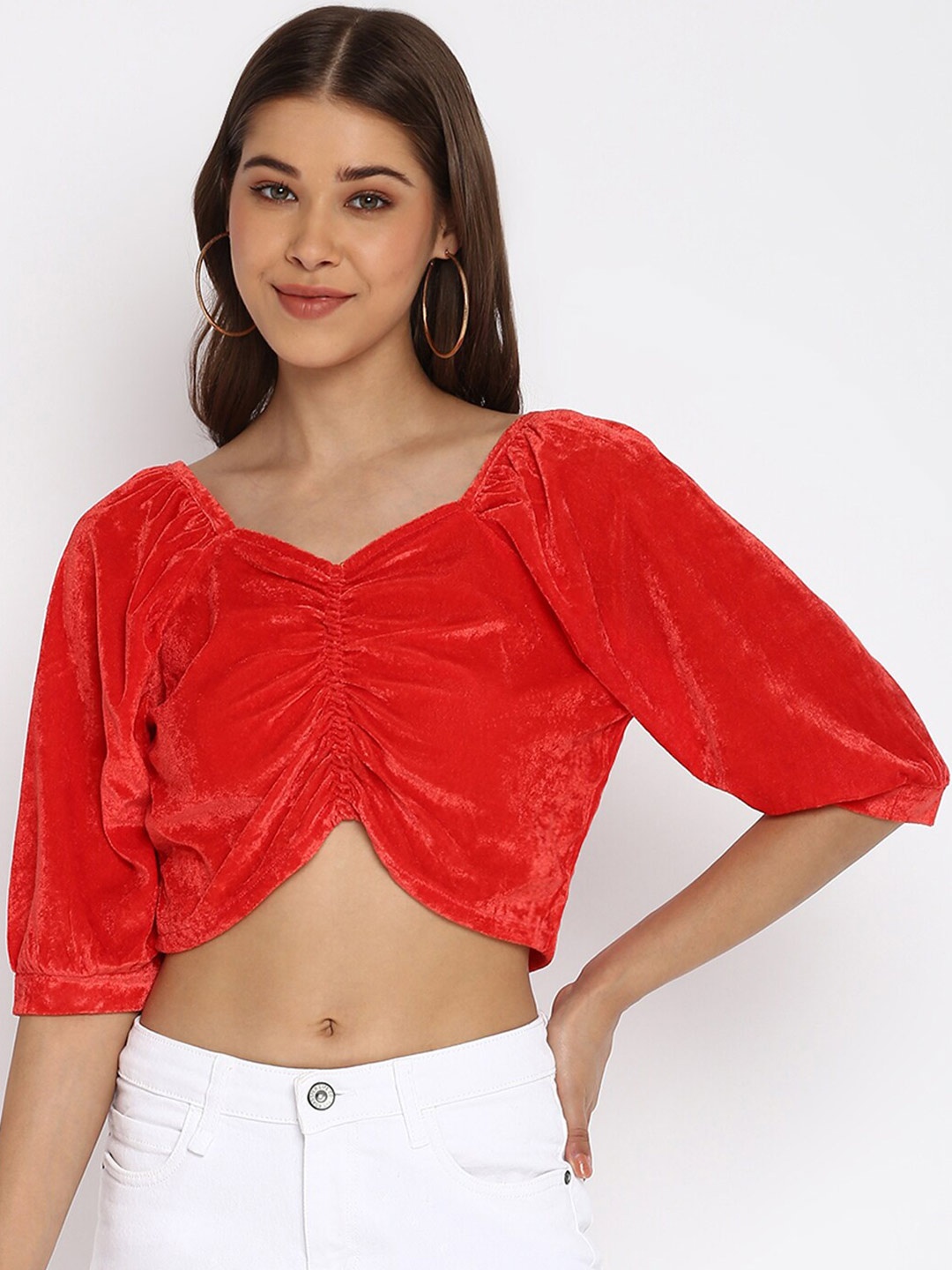 

Mayra Sweetheart Neck Velvet Puff Sleeves Crop Top, Red