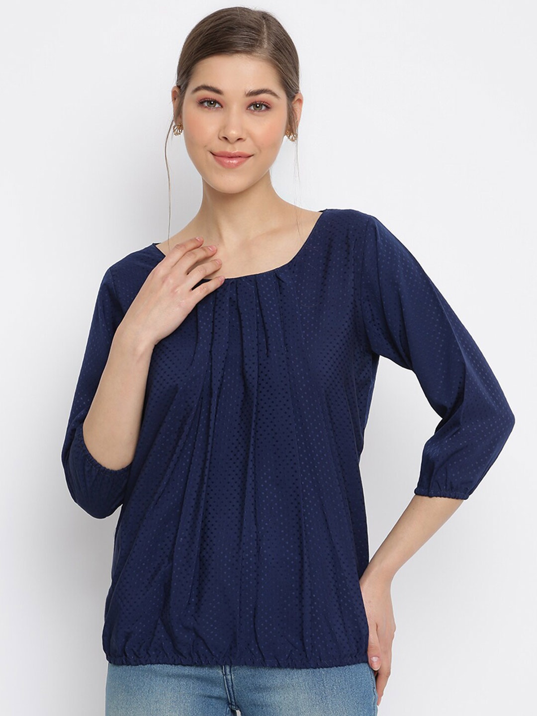 

Mayra Self Design Pleated Blouson Top, Navy blue