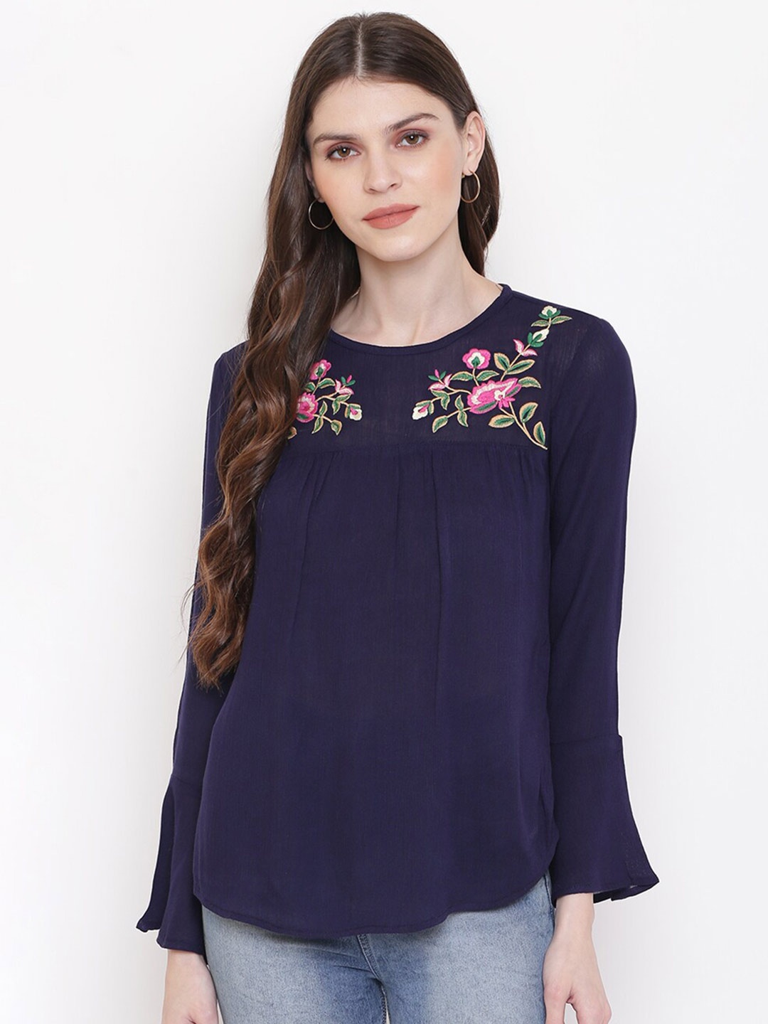 

Mayra Floral Embroidered Bell Sleeves Top, Navy blue