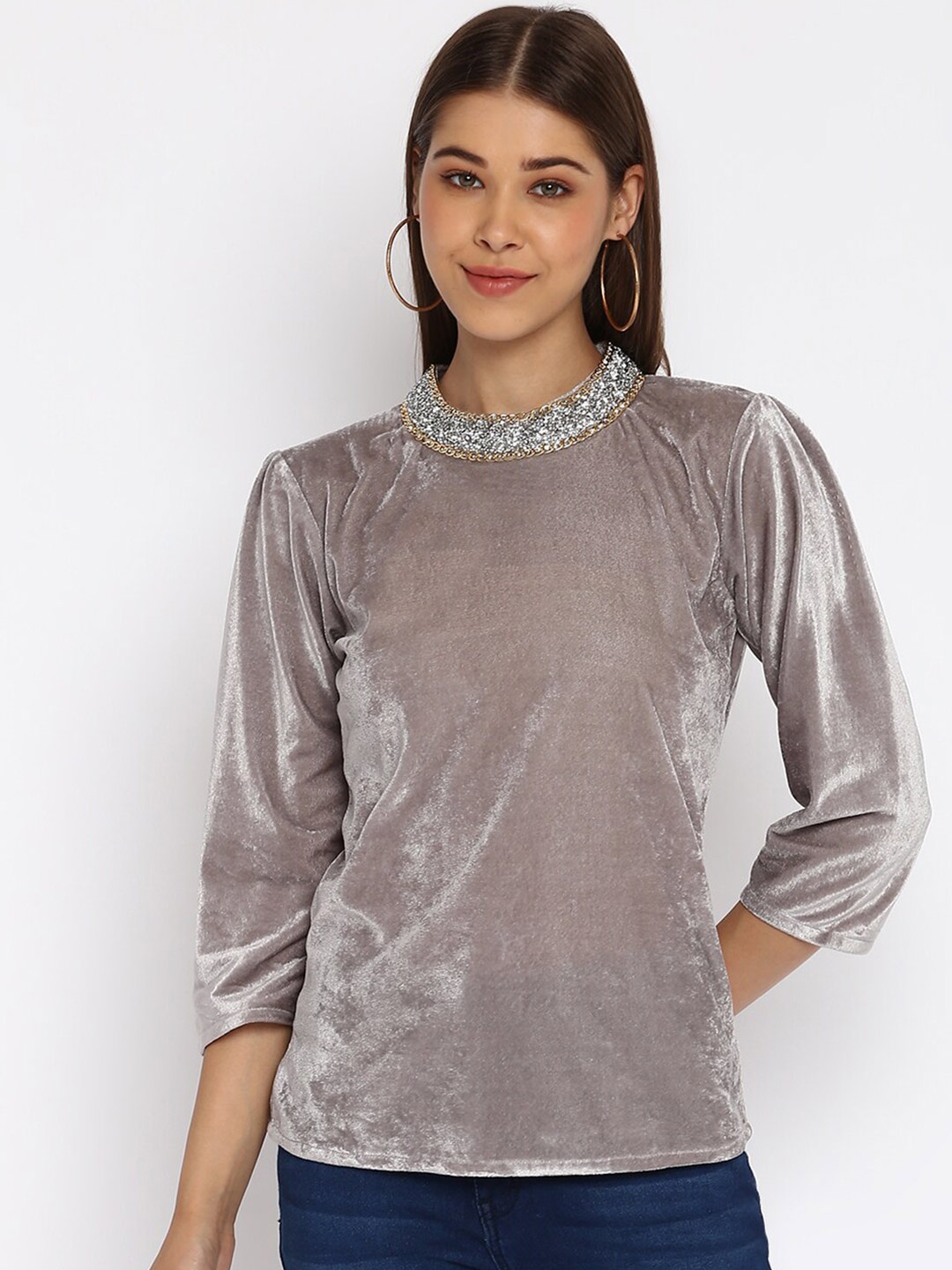 

Mayra High Neck Velvet Top, Grey