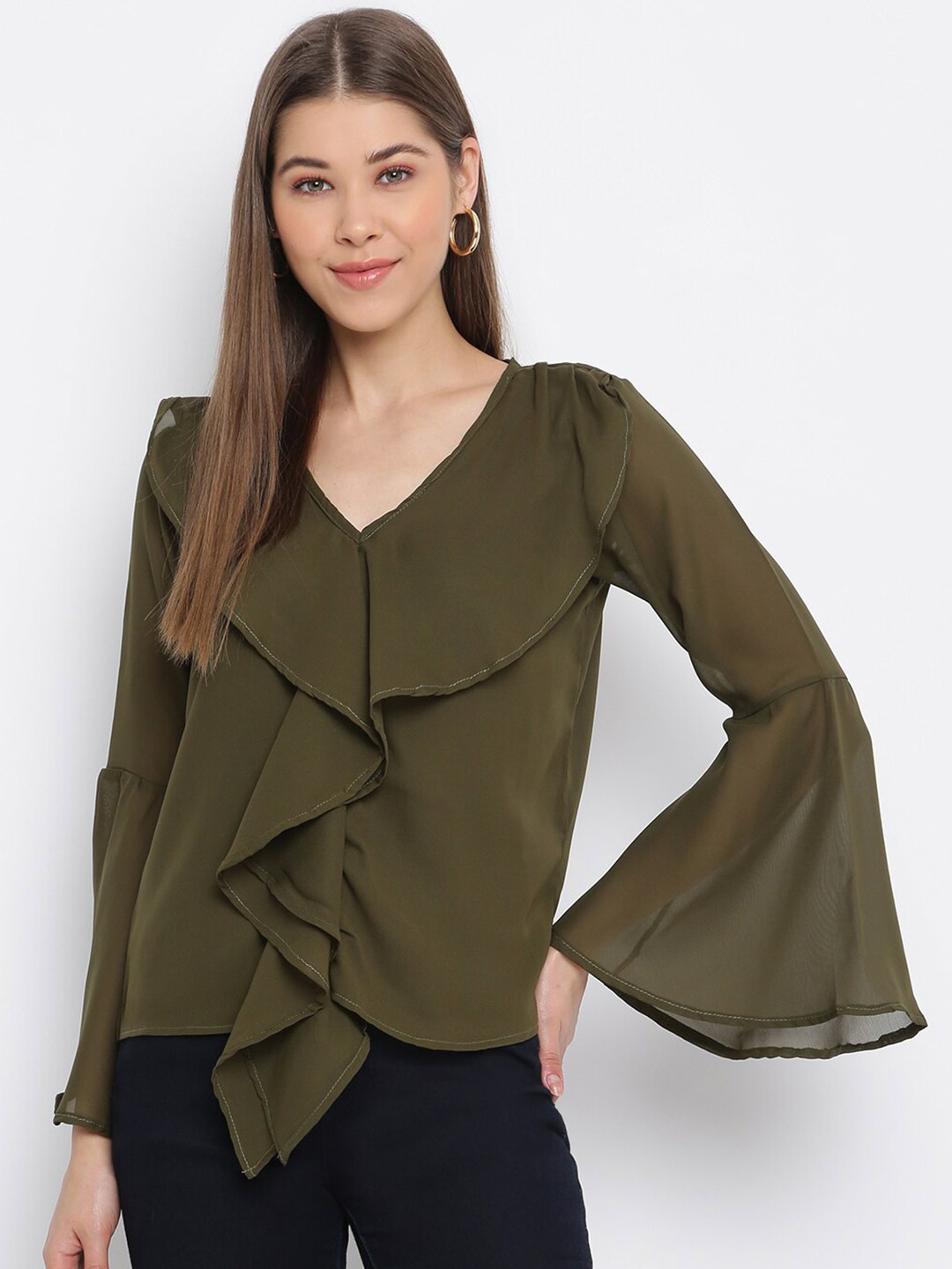 

Mayra Bell Sleeves Ruffles Georgette Top, Olive