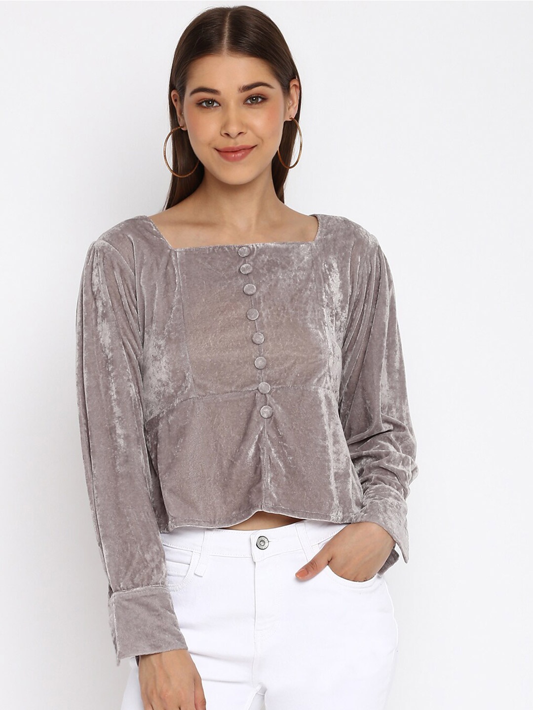 

Mayra Embellished Velvet Top, Grey