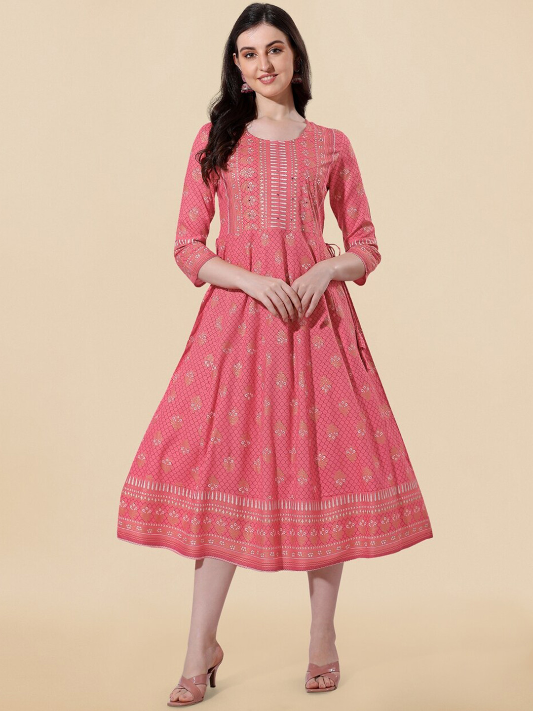 

KALINI Ethnic Motifs Printed Round Neck Fit & Flare Ethnic Dress, Coral