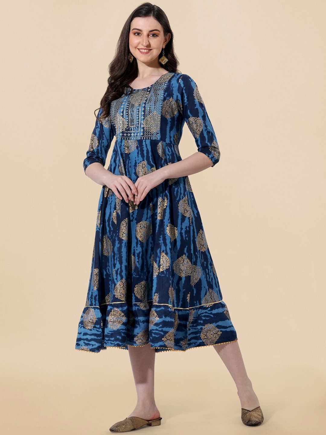

KALINI Ethnic Motifs Printed A-Line Ethnic Dress, Navy blue