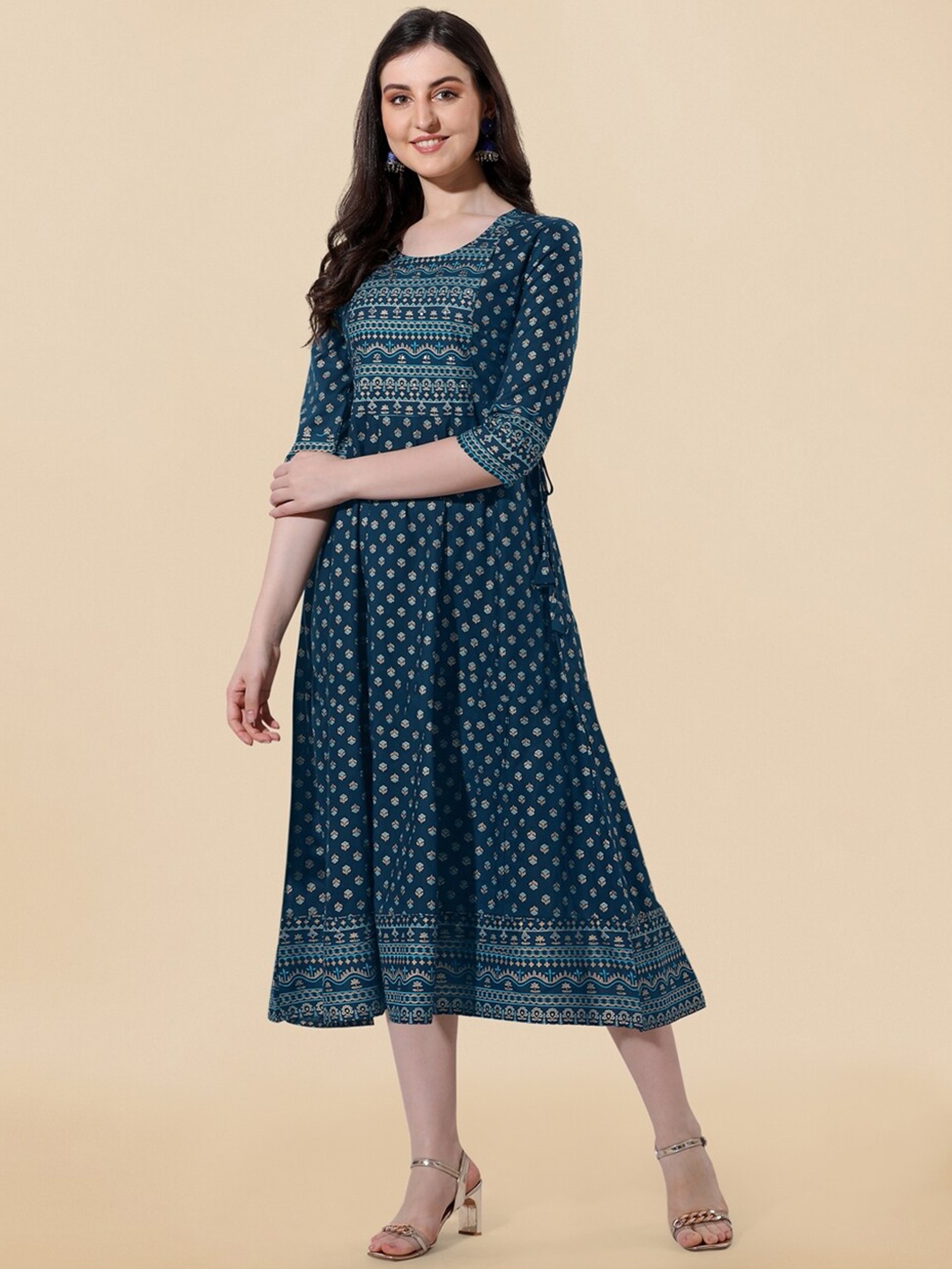 

KALINI Floral Printed Round Neck Midi Ethnic Dress, Blue