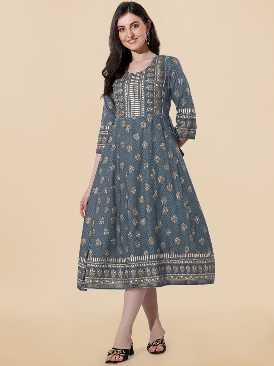 

MIRCHI FASHION Ethnic Motifs Printed Fit & Flare Ethnic Dress, Grey