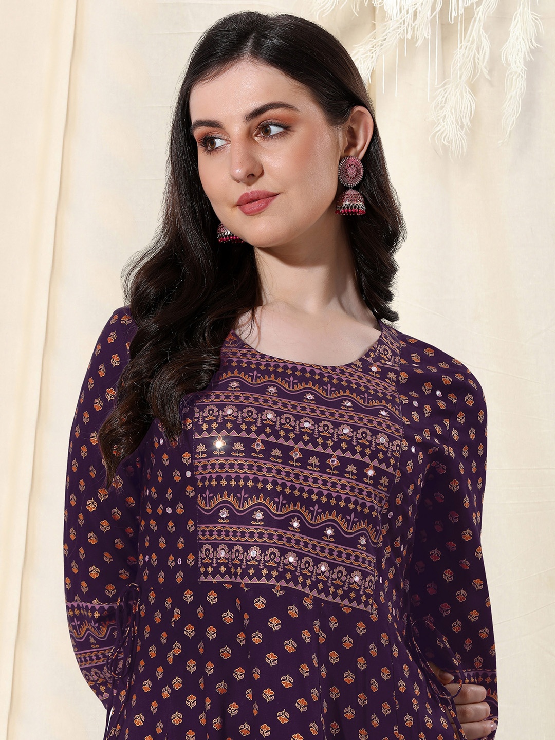 

KALINI Ethnic Motif Printed Flared Midi Ethnic Dress, Magenta