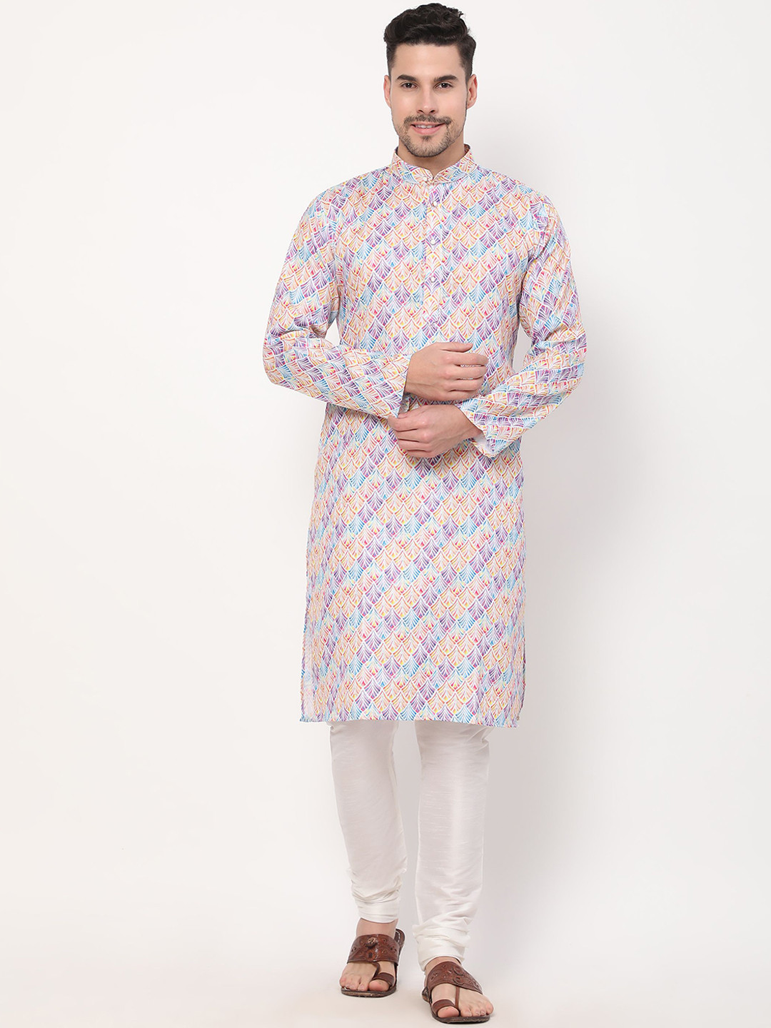 

PREMROOP- THE STYLE YOU LOVE Men Ethnic Motifs Printed Sequins Cotton Kurta, Off white