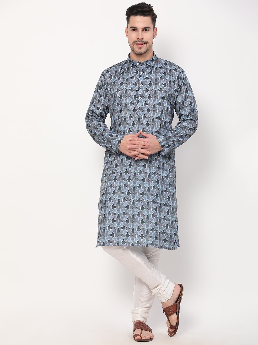 

PREMROOP- THE STYLE YOU LOVE Mandarin Collar Geometric Printed Kurta, Blue
