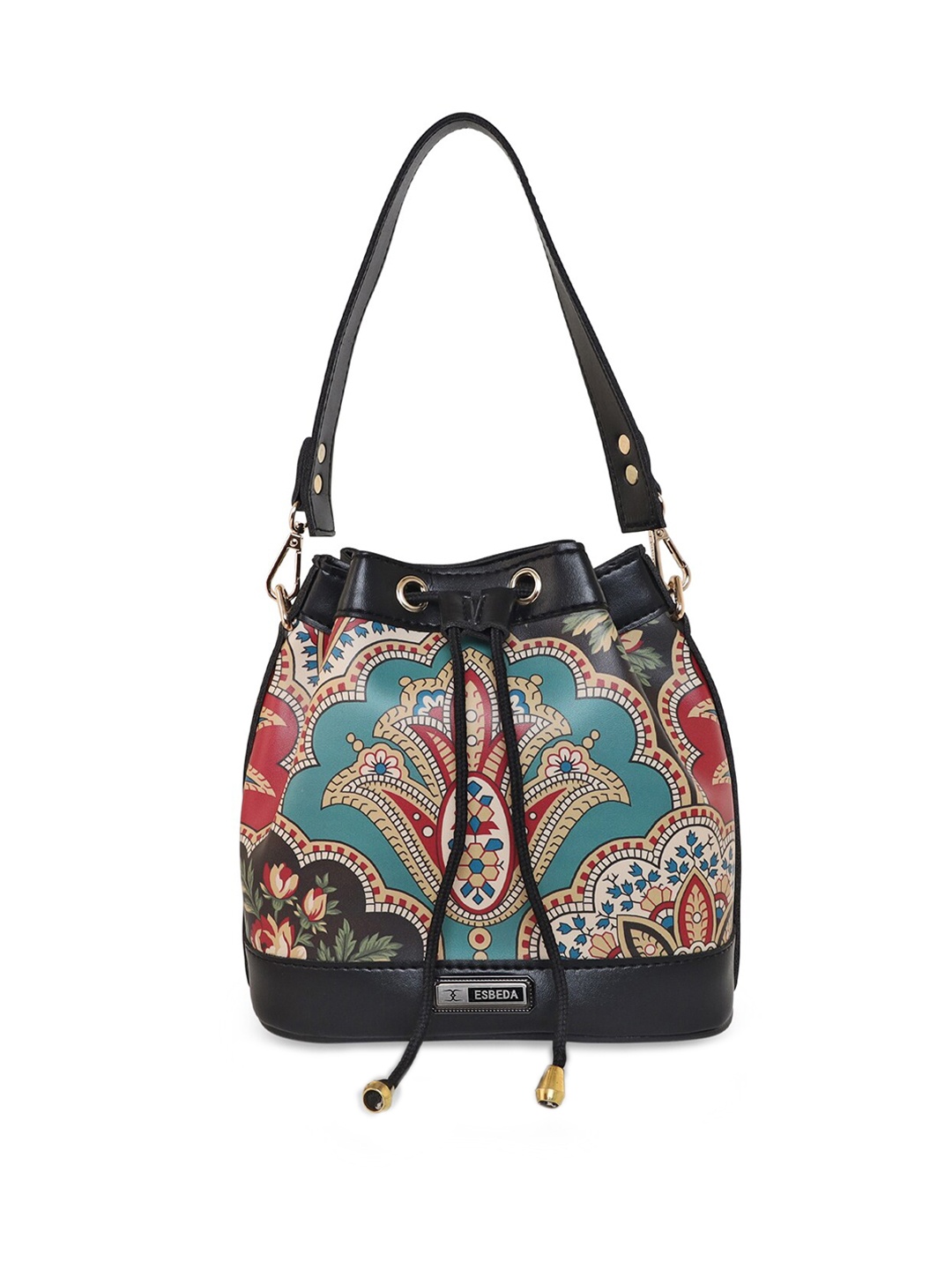 

ESBEDA Ethnic Motifs Printed Structured Hobo Bag, Black