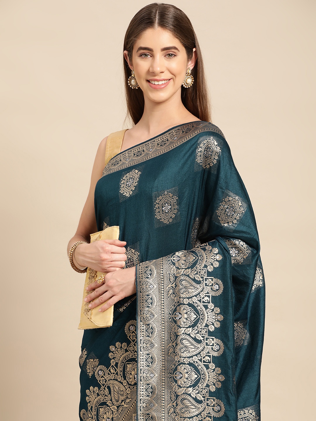 

APPLIX STYLE Woven Design Ethnic Motifs Zari Pure Silk Kanjeevaram Saree, Blue