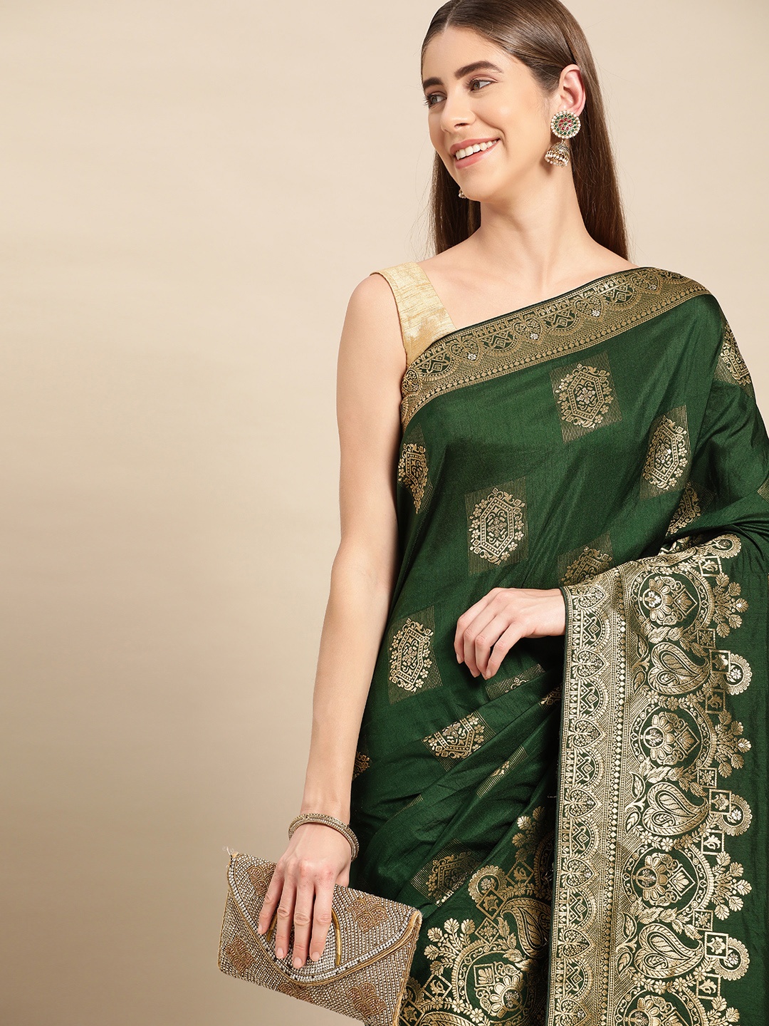 

APPLIX STYLE Woven Design Ethnic Motifs Zari Pure Silk Kanjeevaram Saree, Green