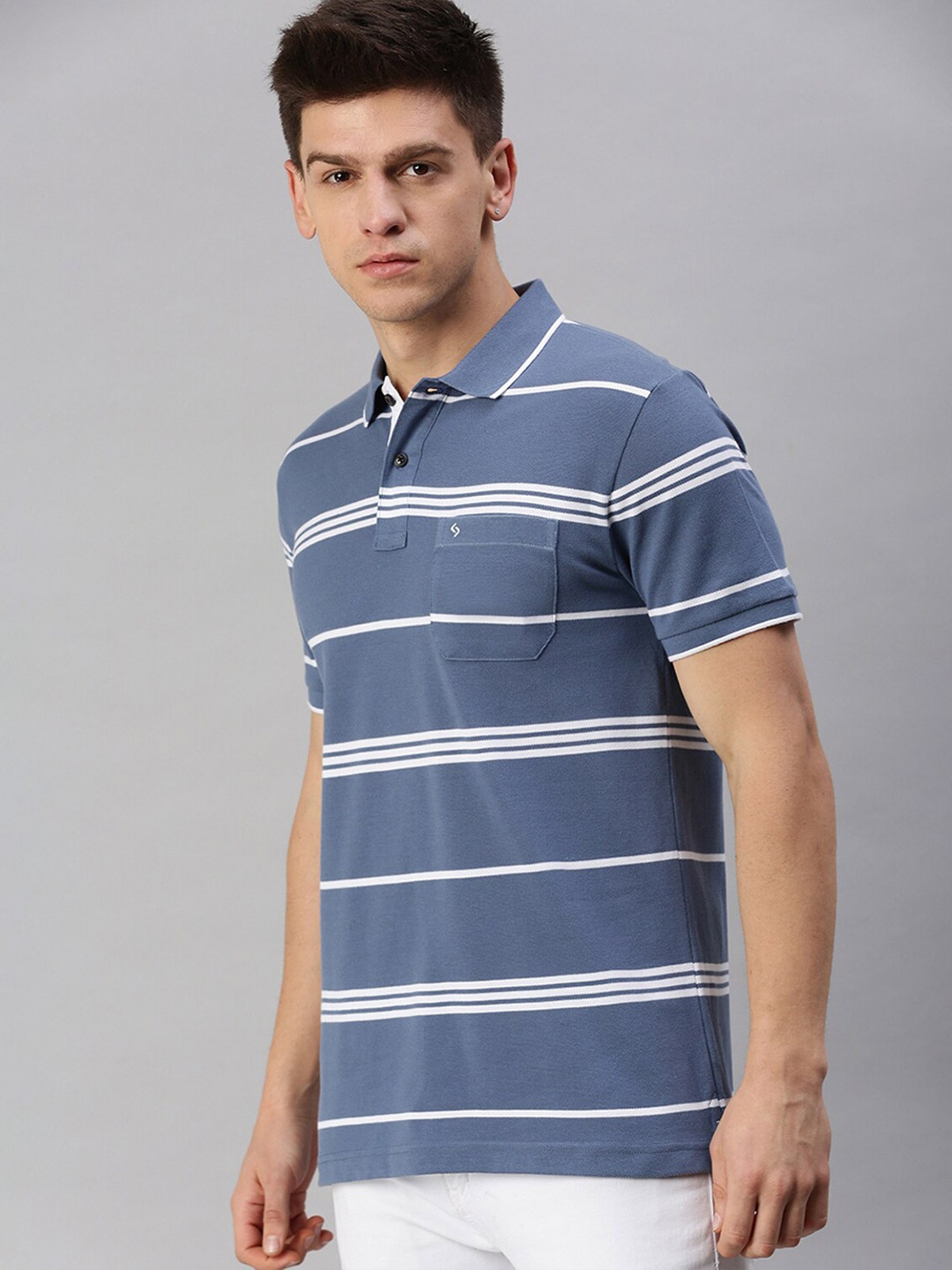 

Classic Polo Horizontal Striped Polo Collar Slim Fit T-shirt, Blue