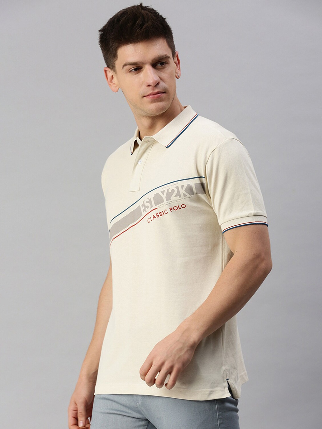 

Classic Polo Typography Printed Polo Collar Cotton T-shirt, Cream