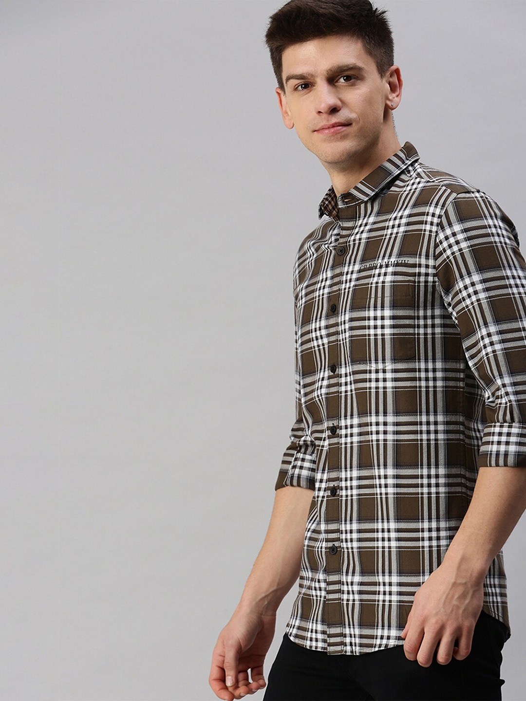 

CP BRO Tartan Checked Classic Slim Fit Casual Shirt, Brown