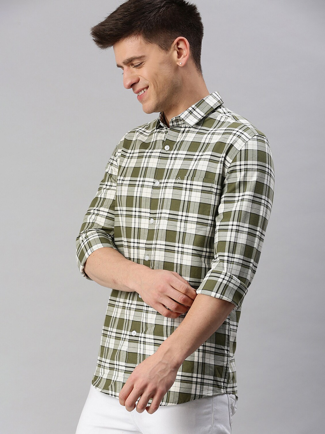 

CP BRO Classic Slim Fit Tartan Checked Casual Cotton Shirt, Green