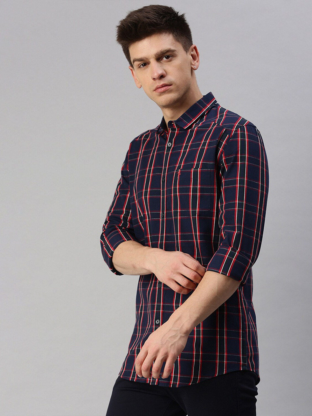 

CP BRO Tartan Checked Classic Slim Fit Casual Shirt, Navy blue