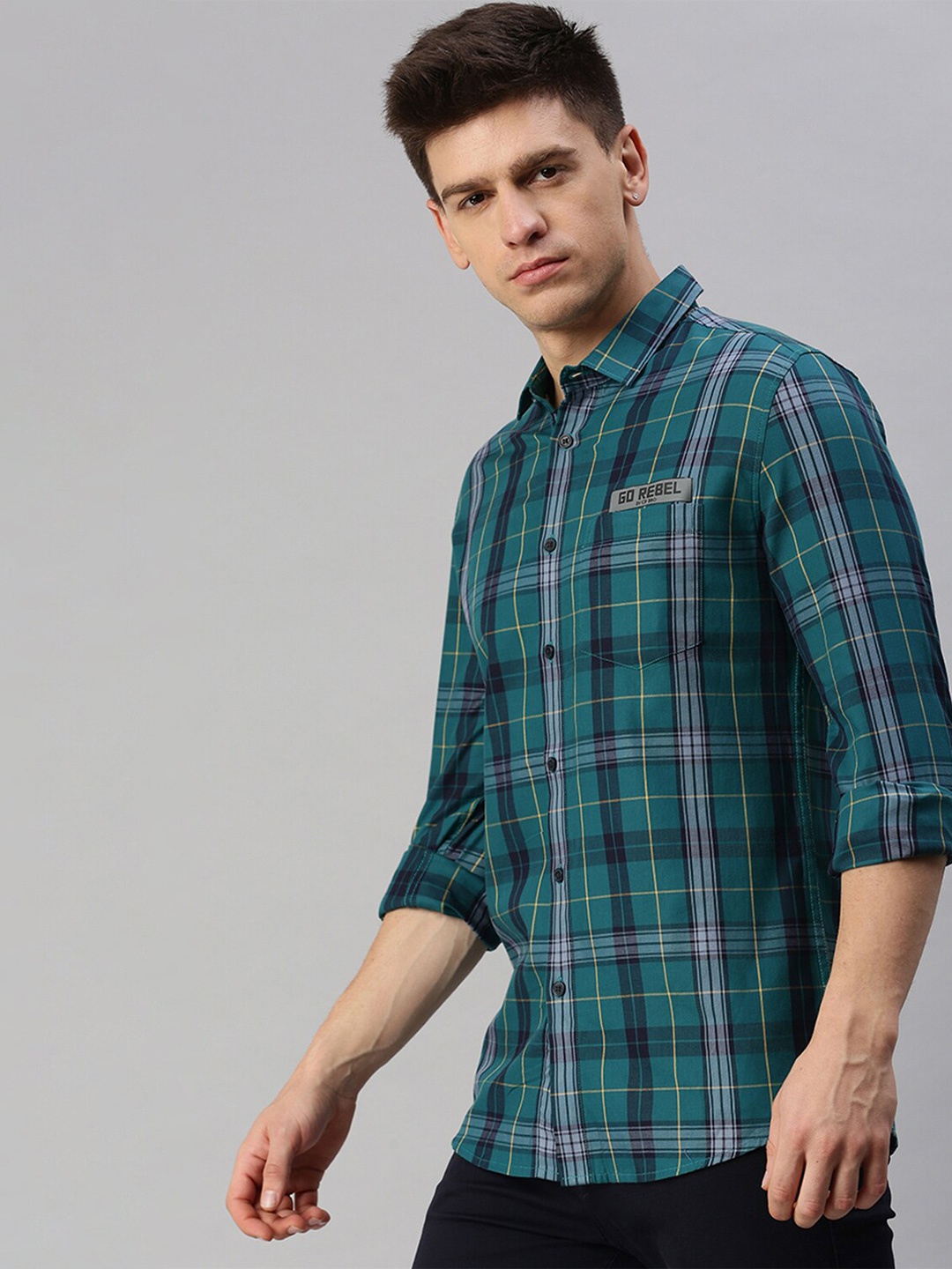 

CP BRO Men Checked Pure Cotton Slim Fit Casual Shirt, Teal