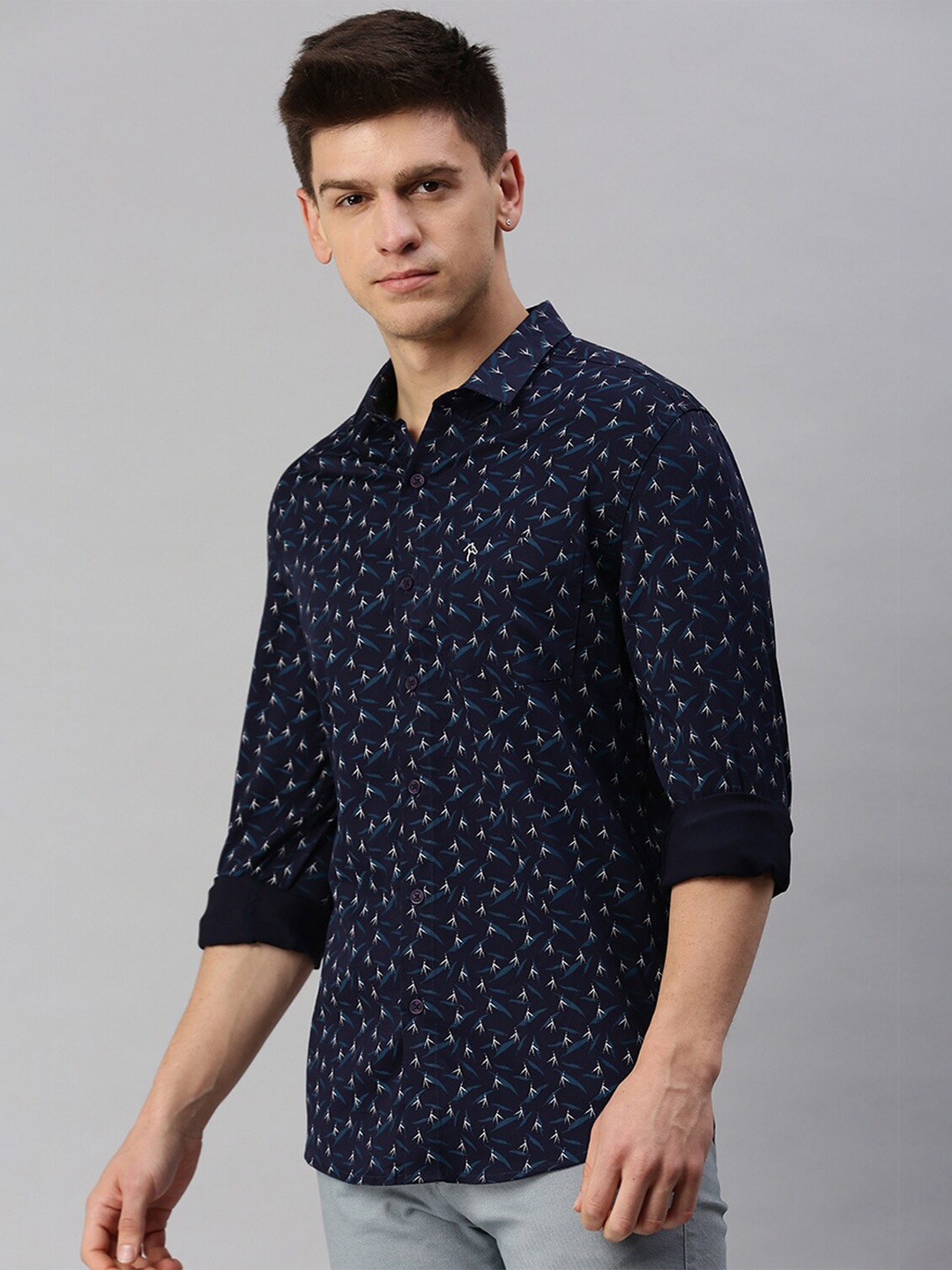 

CP BRO Classic Slim Fit Printed Casual Cotton Shirt, Navy blue