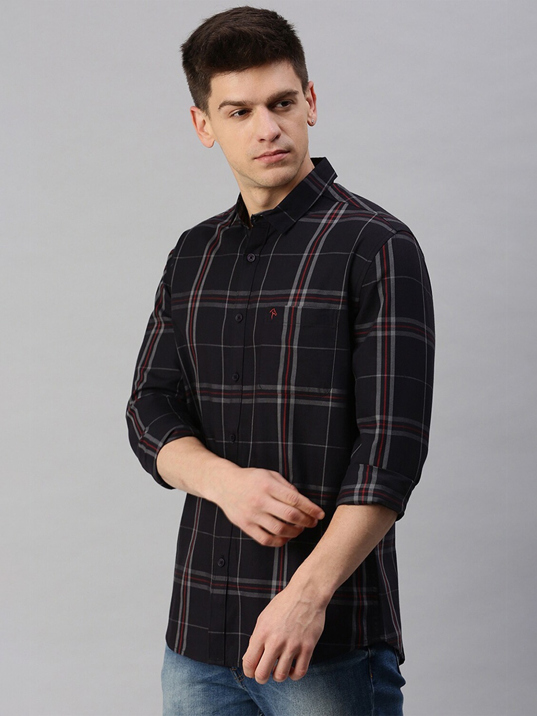 

CP BRO Classic Slim Fit Windowpane Checks Checked Cotton Casual Shirt, Black