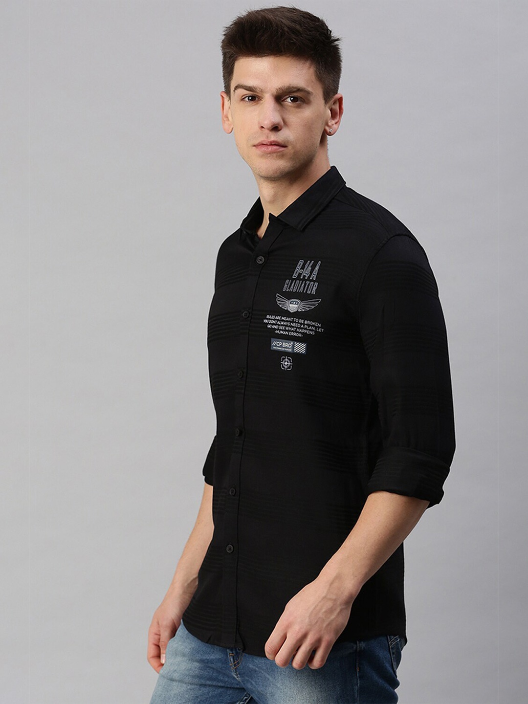 

CP BRO Classic Slim Fit Horizontal Stripes Casual Shirt, Black