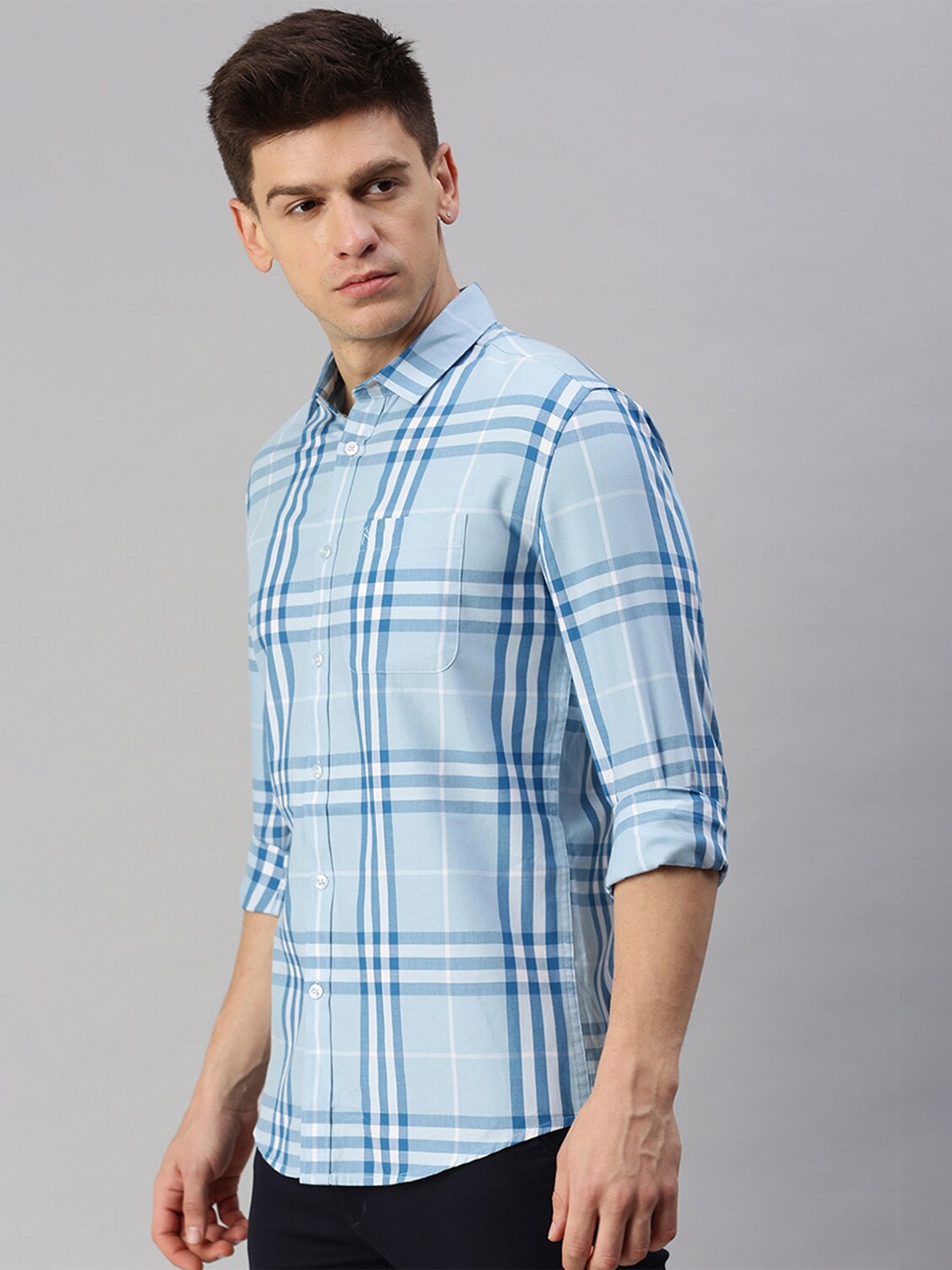 

CP BRO Tartan Checks Cotton Casual Shirt, Blue