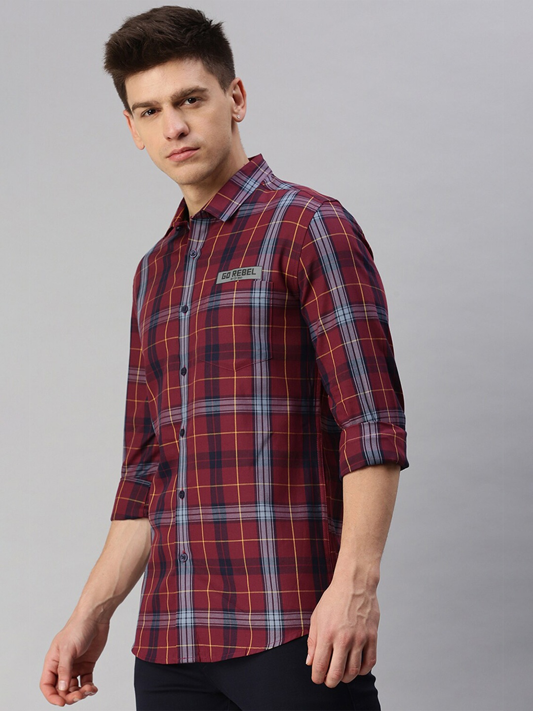

CP BRO Men Classic Slim Fit Tartan Checked Casual Cotton Shirt, Maroon