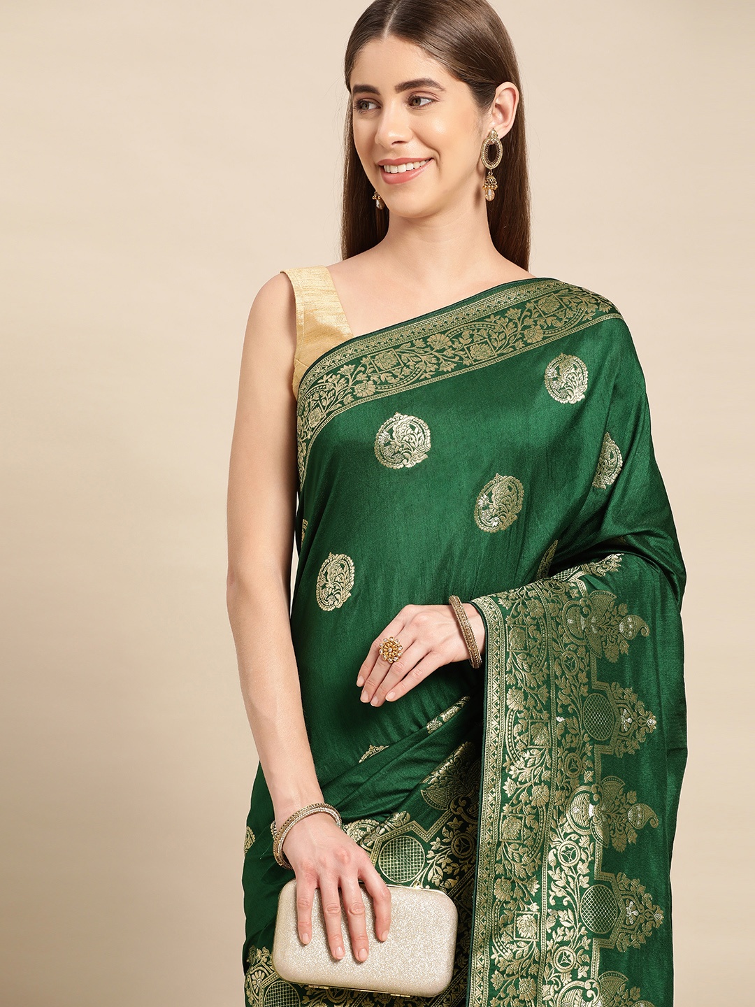 

APPLIX STYLE Woven Design Ethnic Motifs Zari Pure Silk Kanjeevaram Saree, Green