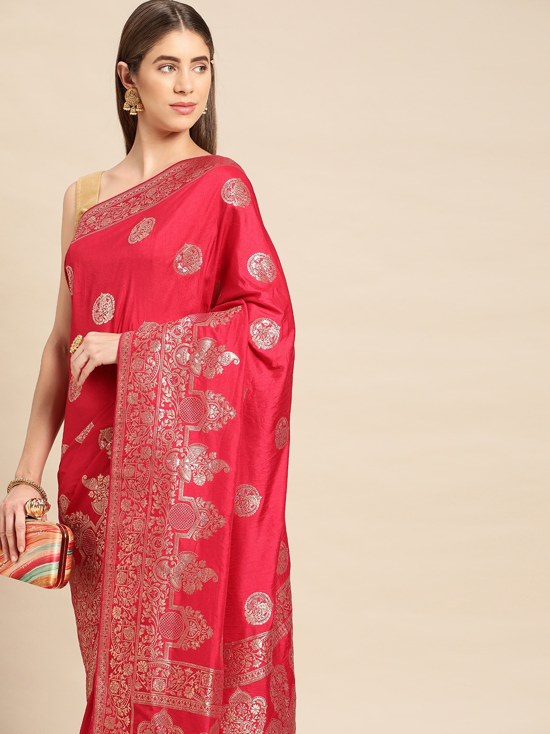 

APPLIX STYLE Woven Design Ethnic Motifs Zari Pure Silk Kanjeevaram Saree, Pink
