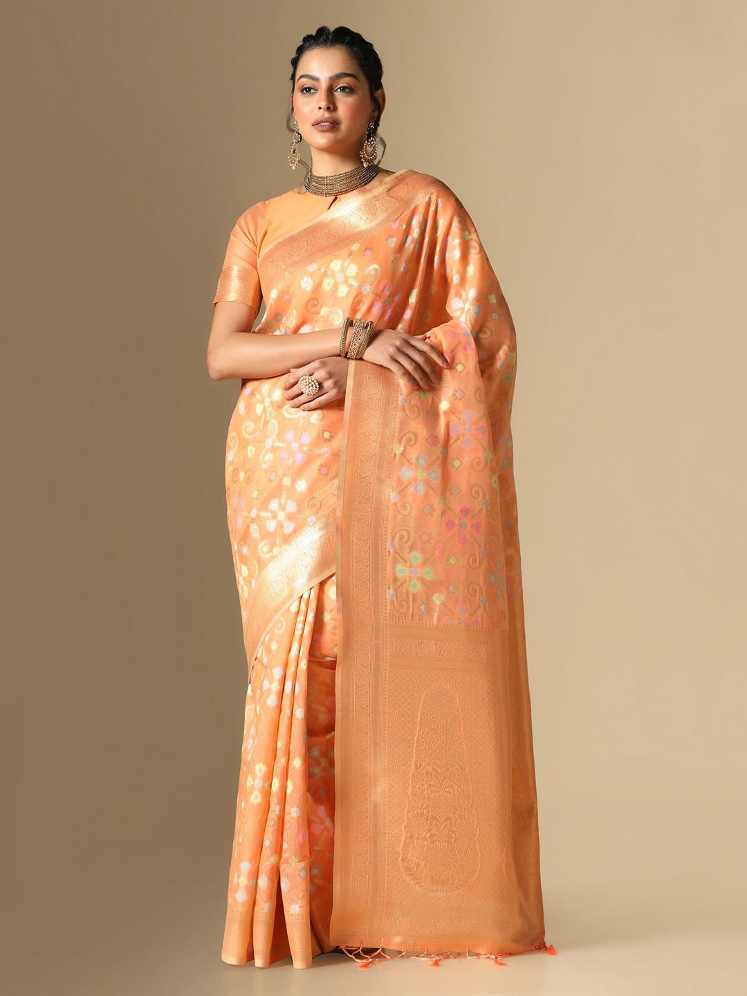

Mitera Floral Woven Design Zari Banarasi Saree, Orange