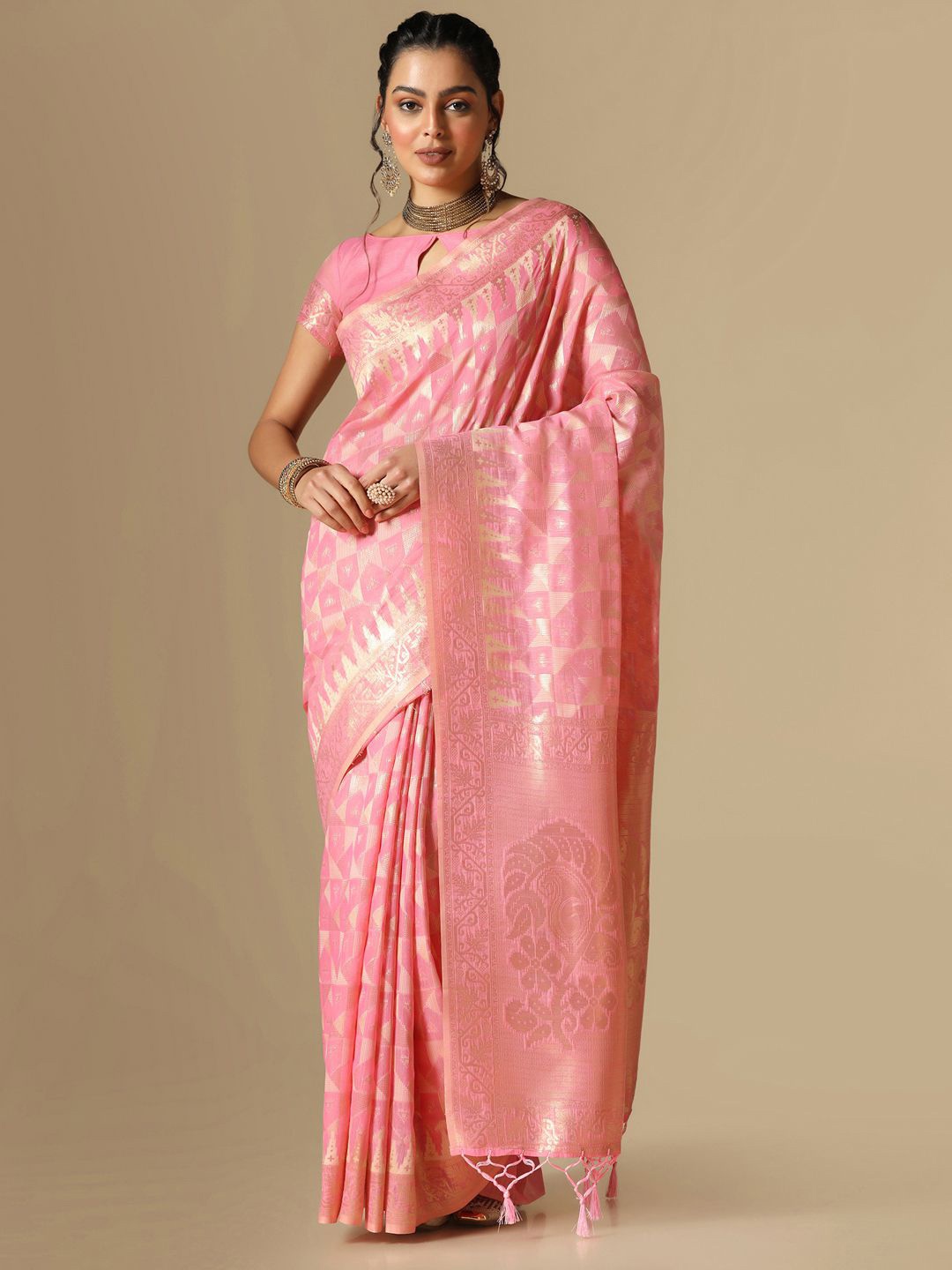 

Mitera Geometric Woven Design Zari Jacquard Banarasi Saree, Pink