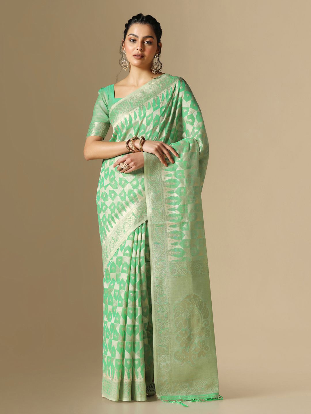 

Mitera Geometric Woven Design Zari Jacquard Banarasi Saree, Green
