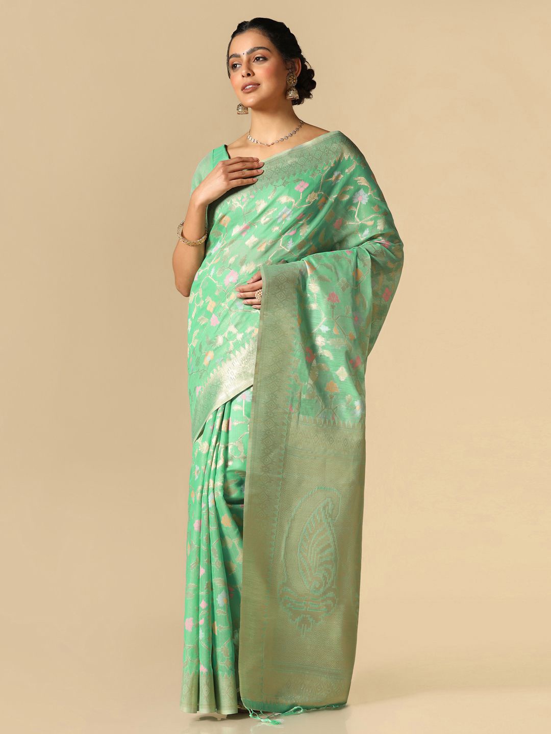 

Mitera Floral Woven Design Zari Banarasi Saree, Turquoise blue